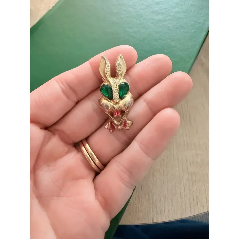 Vintage Karu Fifth Avenue Rabbit Rhinestones Gold Red Green Brooch